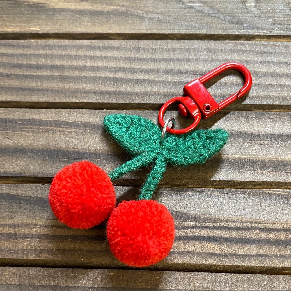 NWT Red and Green Cherry Pom Pom Bag Keychain
